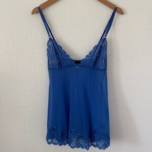 Frederick's of Hollywood Floral Lace Mesh Mini Babydoll Cami in Blue - Small